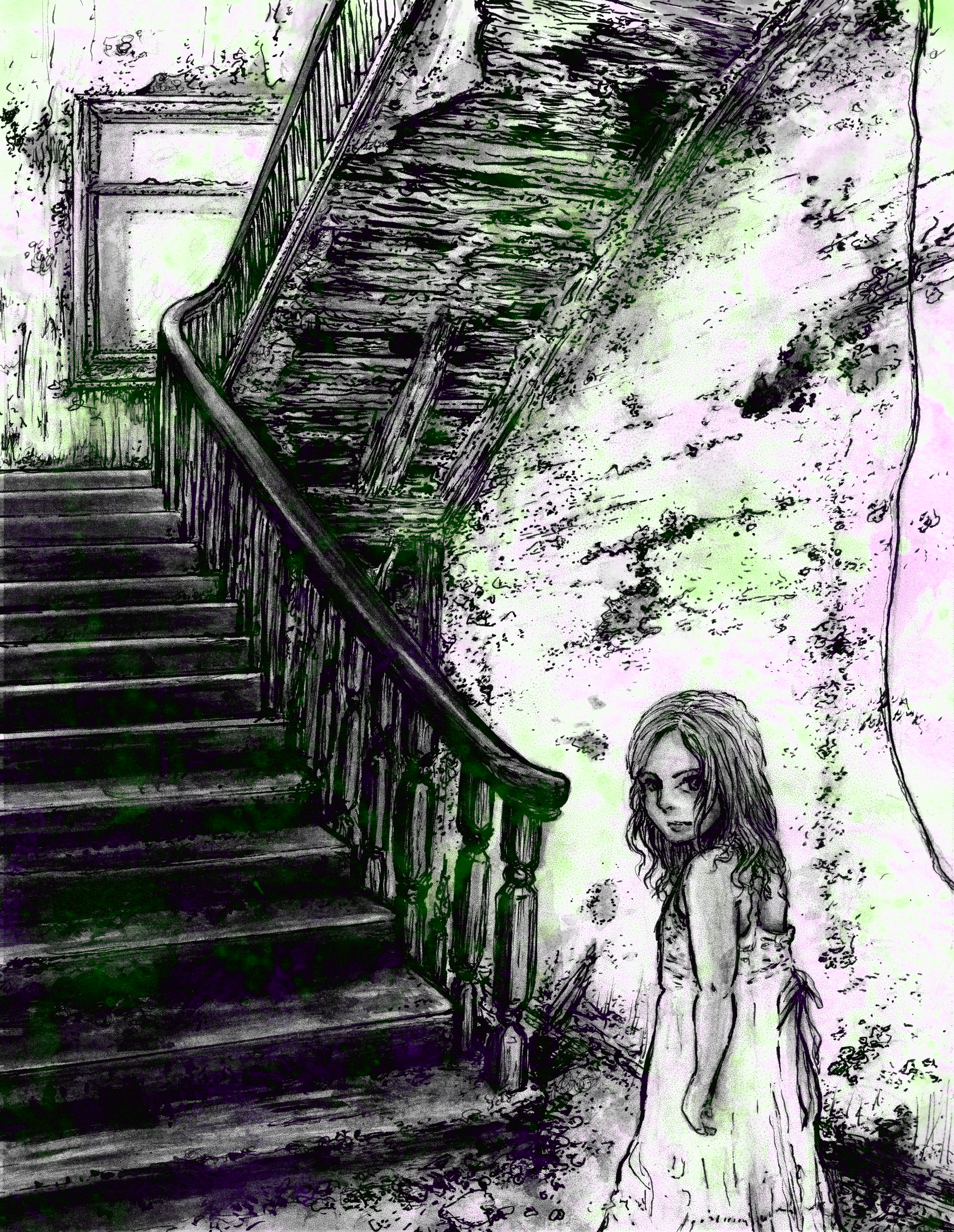 Girl beside a staircase with visual snow effects